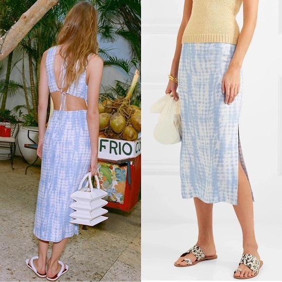 STAUD 90s Pastel Cloud Dye Print High Waist Side Slit Pencil Midi Slip Skirt 2 - Picture 2 of 8
